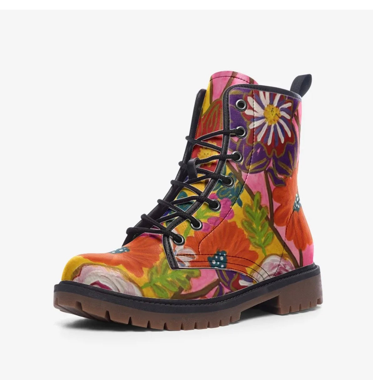 Women's Floral Combat Boots Colorful Artistic Lace-Up