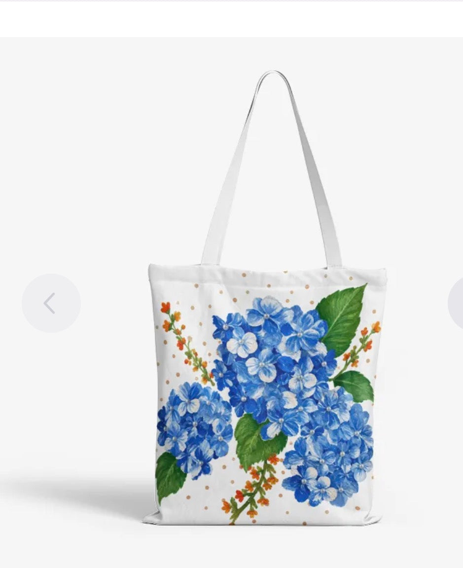 Blue Hydrangea Floral Tote Bag Botanical Canvas