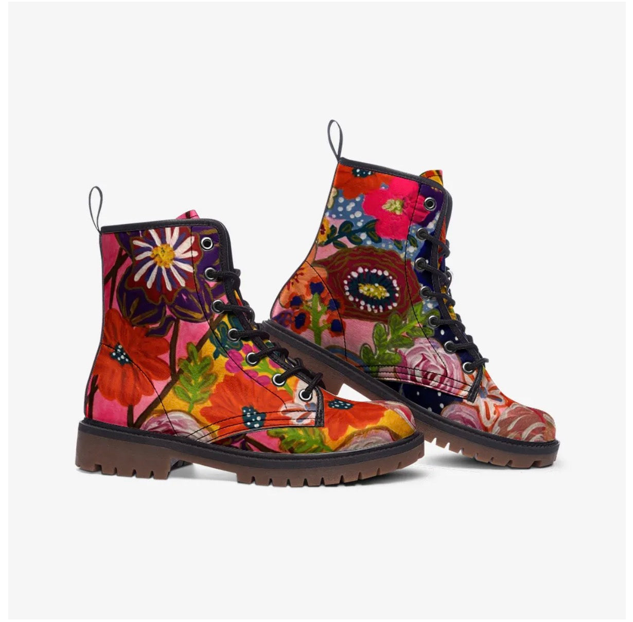 Women's Floral Combat Boots Colorful Artistic Lace-Up