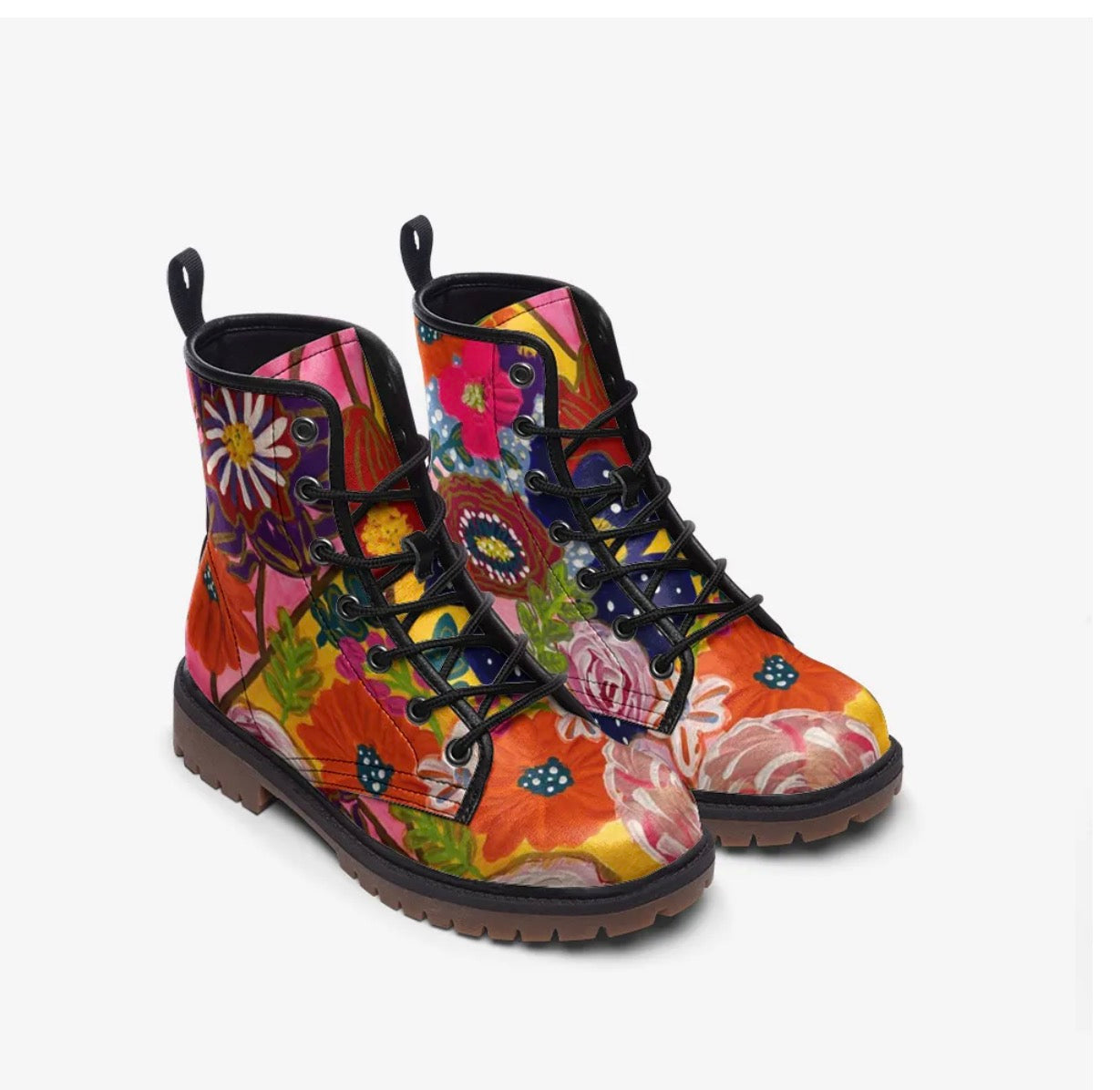 Women's Floral Combat Boots Colorful Artistic Lace-Up