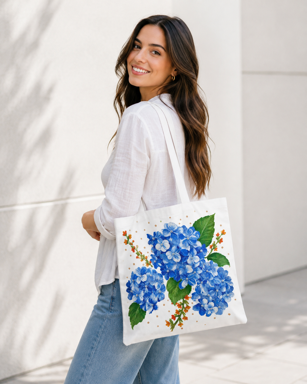 Blue Hydrangea Floral Tote Bag Botanical Canvas